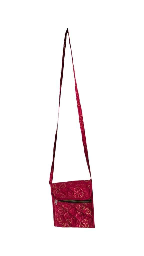 KALANKARI Red Handcrafted Cotton Sling Bag with Zipper Closure and Intricate Floral Embroidery view 2