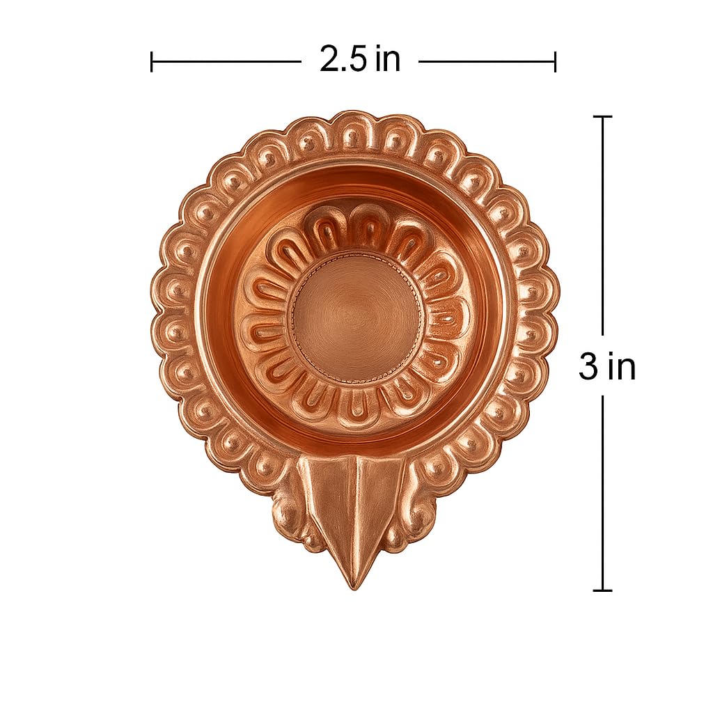 Copper Diya for Puja (Pack of 2) � Traditional Oil Diya / Deepam with Petal-Shaped Border & Pointed Spout � Copper Akhand Diya Oil Lamp for Daily Puja, Religious Rituals & Home Decor view 2