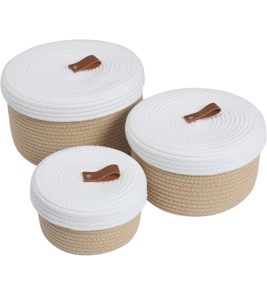 Generic Cotton 3 Pcs Set Roti Box Storage Basket With Lid (Beige-White)-PID66358