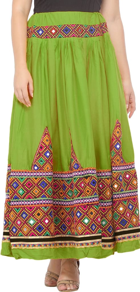 Kiwi-Green Skirt from Kutch with Multicolor Thread Embroidered Patch Border and Mirrors view 2