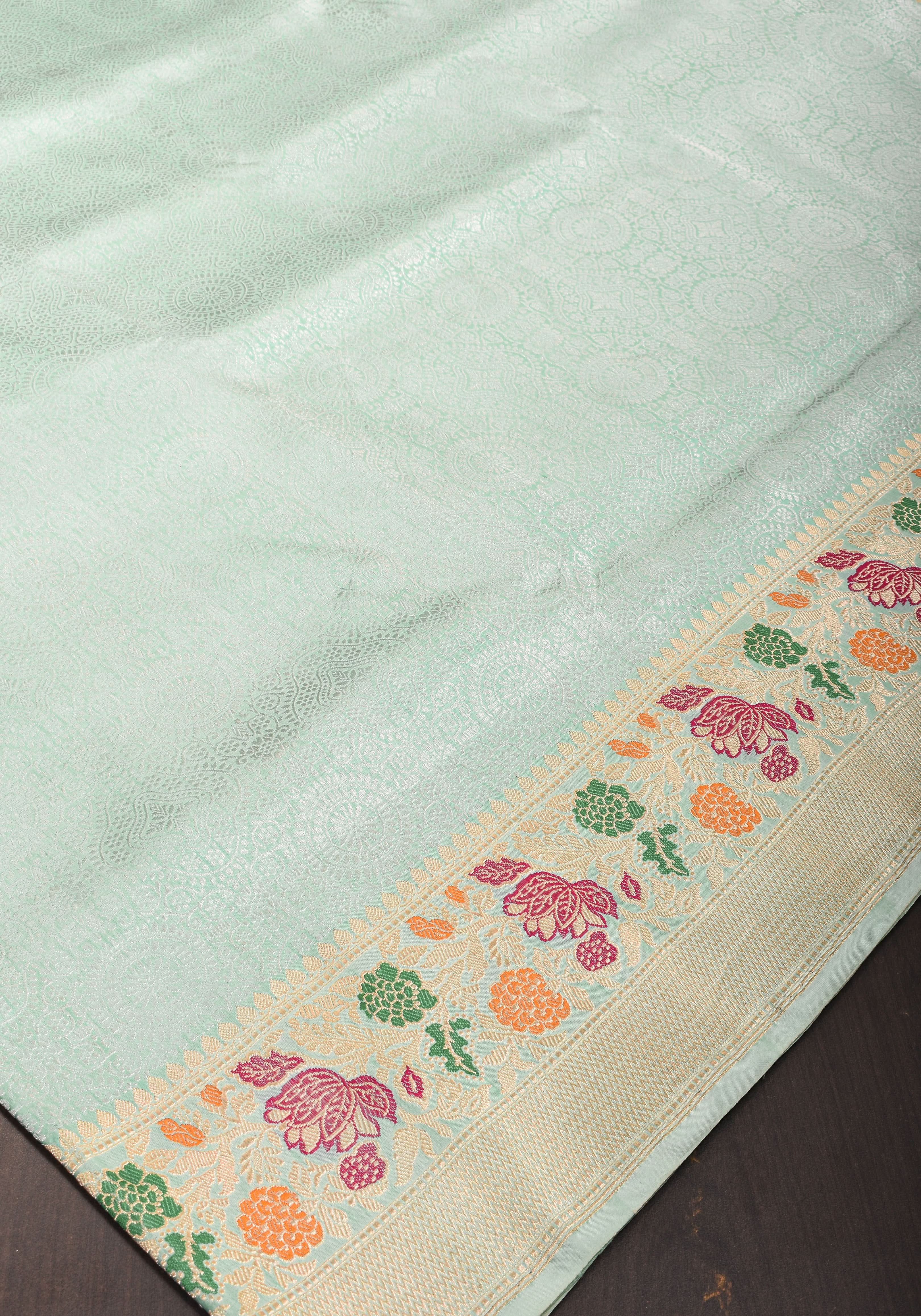 Exquisite Brocade Banarasi Katan Silk Saree in Mint Green with Meenakari Borders | SILK MARK CERTIFIED view 2