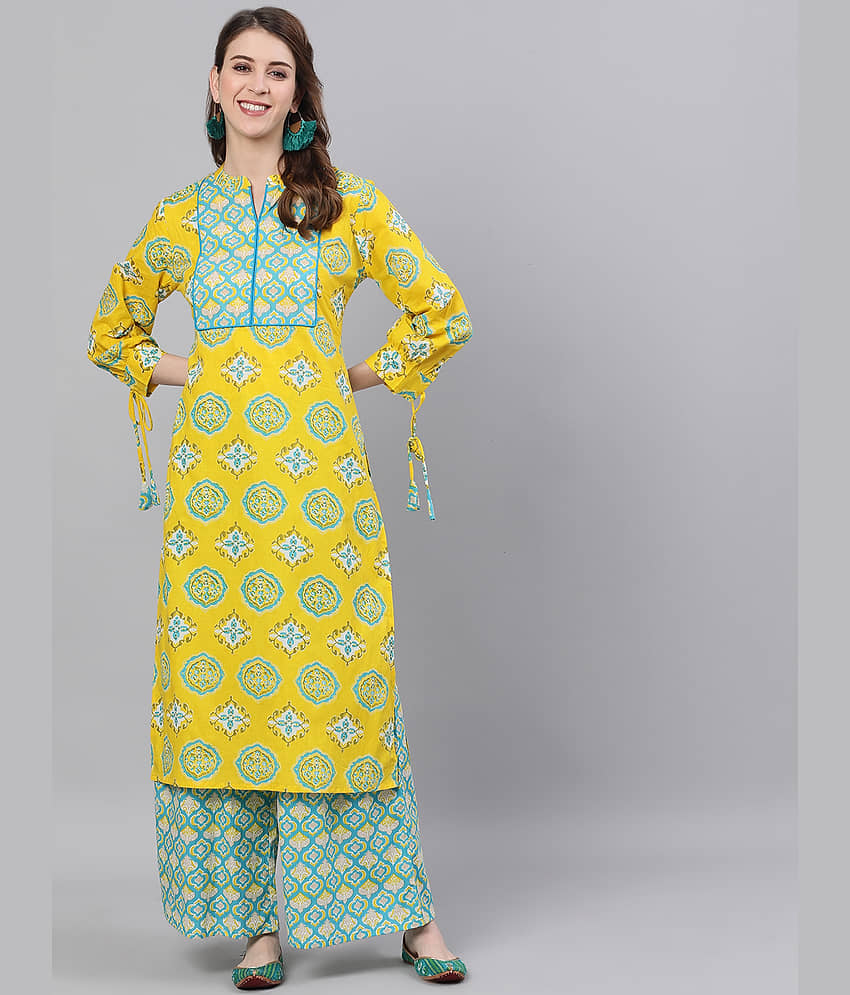 Antaran Cotton Printed Kurti With Palazzo Women's Stitched Salwar Suit - Yellow ( Pack of 1 )