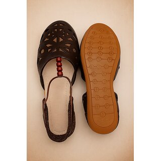 Ladies Brown Ethnic Cutwork Flat Sandals Soft Comfortable Footwear view 2