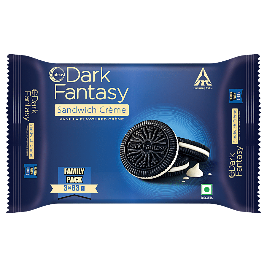 Sunfeast Dark Fantasy Vanilla Crème, Dark Crunchy Biscuit With Smooth Vanilla Crème, 249 g (3 pcs x 92.5 g)
