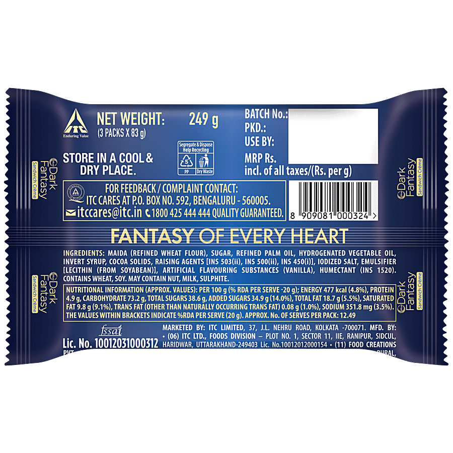 Sunfeast Dark Fantasy Vanilla Crème, Dark Crunchy Biscuit With Smooth Vanilla Crème, 249 g (3 pcs x 92.5 g) view 2