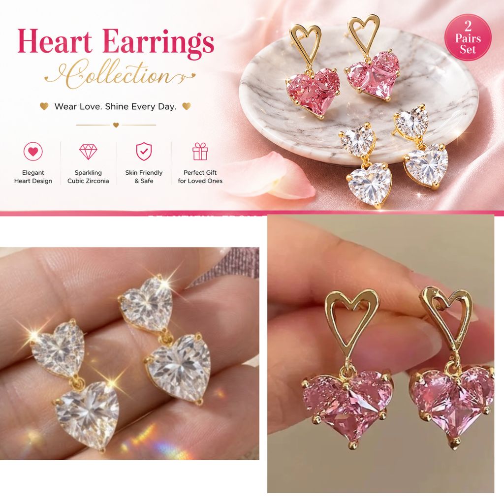 Premium Luxury 18K Gold Plated Pink Crystal Heart Dangle Earrings – Cubic Zirconia Solitaire Drop Earrings for Women & Girls | Romantic Jewelry Gift Pack of 2 (1 pink pair, 1 white pair) view 2