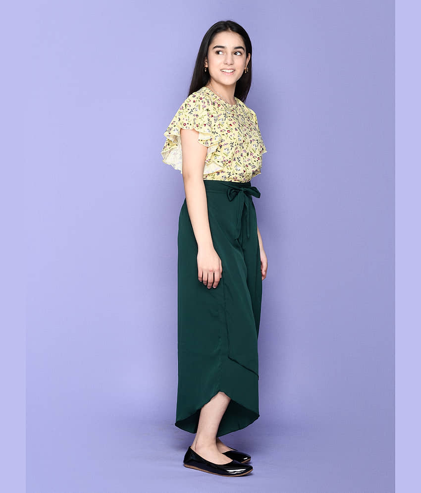 Floral Flutter Sleeve Yellow Top with Teal Stylish Long Skirt Set view 2