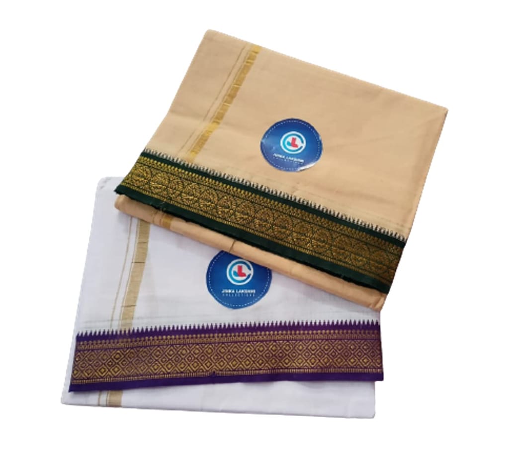 Jinka Lakshmi Collections 100% Handloom Cotton Dhoti With Zari Border Up and Down 4 Meters Unstitched Pack of 2 (Multicolor-8) view 2
