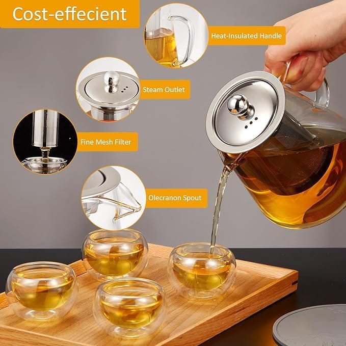 Glass Kettle with Removable Infuser & Lid, 900 ML,Set of 1,Teapot with Handle,Unique Design & Safety Features,Stovetop Safe,Great for Loose Leaf, Blooming Tea,Stovetop Safe,Heat-Resistant view 2