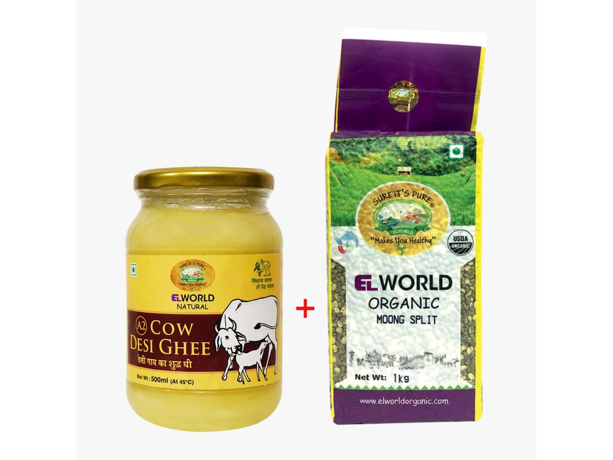 Elworld Agro & Organic Food Products A2 Pure Cow Ghee 500g + Moong Split 1kg