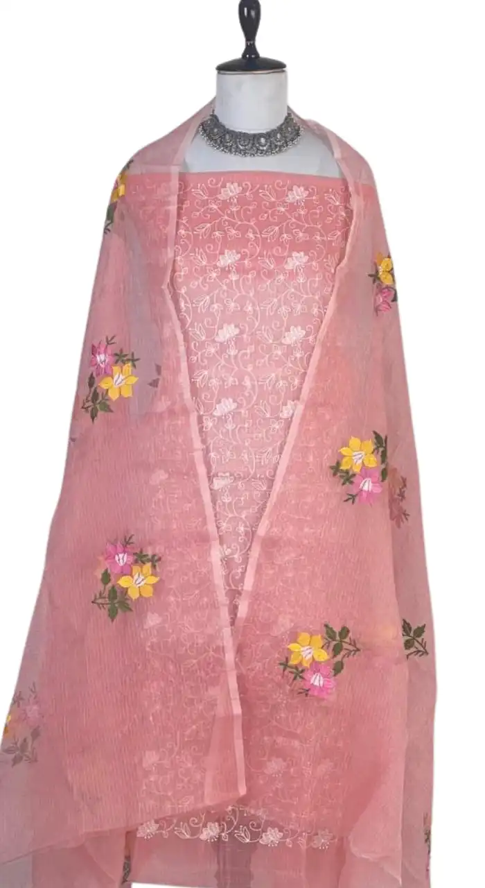 Kota Doria Dress Material Peach White Floral Jaal view 2