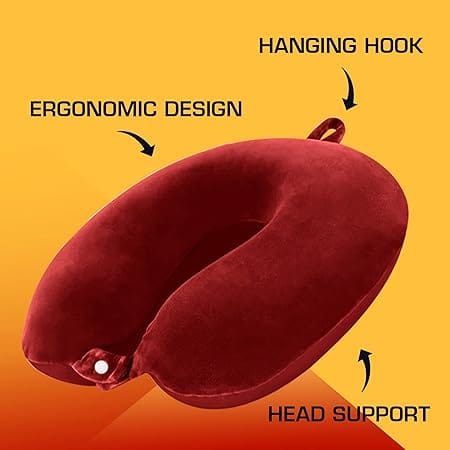 Billebon Premium Neck Pillow Eye Mask Combo Airplane Travel Pillow with Comfortable Velvet Sleeping Eye mask Head Rest Pillow (Red with Eye Mask) view 2