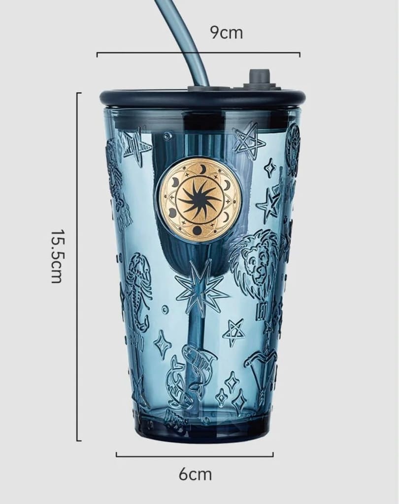 Constellation Glass Tumbler with Lid and Straw | Reusable Cola Cup for Fruit Juice | Iced Coffee Cocktail Mug | Tumbler forJuice,Tea for Home, Office & Travel (450 ml,Pack of1,Dark Blue) view 2