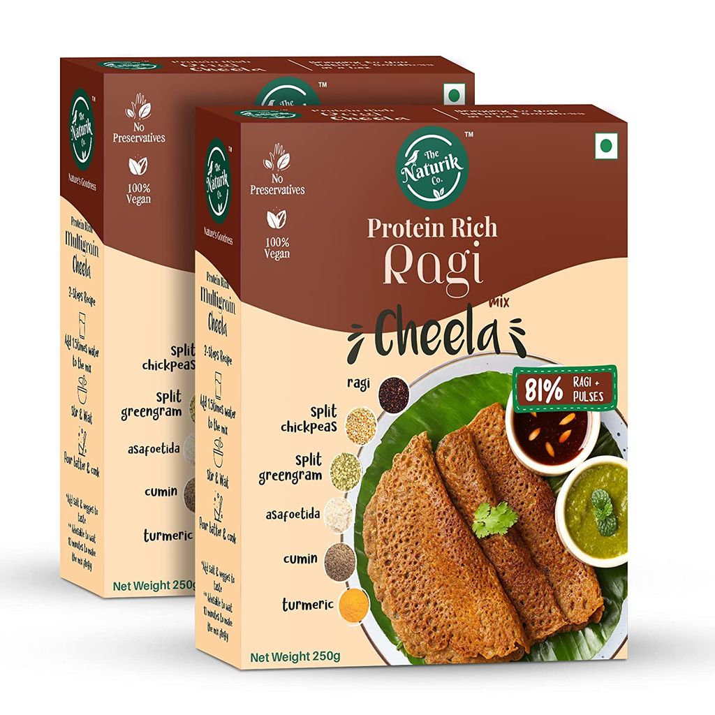 The Naturik Co Ragi Cheela Mix 250g each Pack of 2, Ready to Cook Chilla/Dosa for Healthy Breakfast, 20% Protein, 80% Ragi and Pulses, Anytime Snack for Family