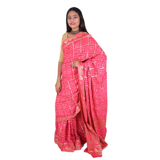 Tribes India Handwoven Flamingo Pink Bandej Saree view 2