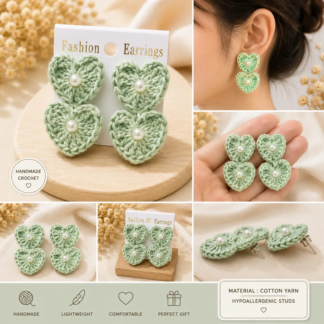 Double Heart crochet studs
