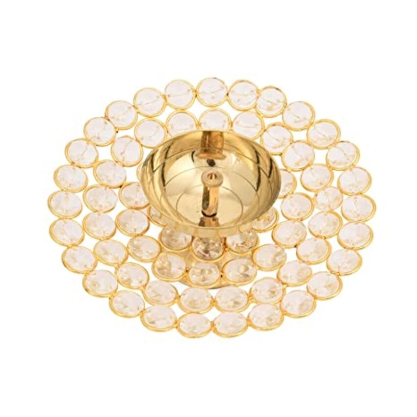 Brass Akhand Diya Oil Lamp for Puja - Large Round Crystal view 2