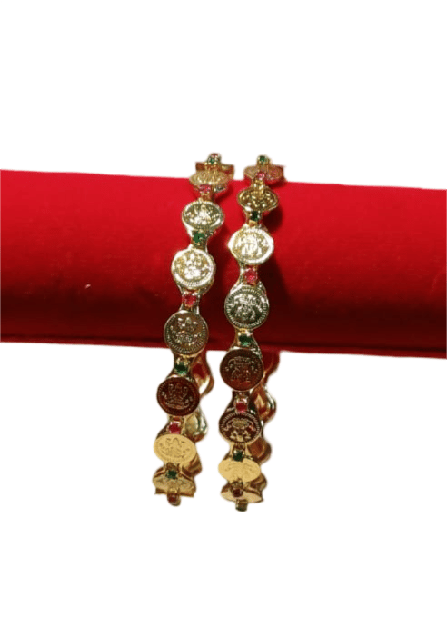 Gold Plated Bangle Set with Red and Green Stones view 2
