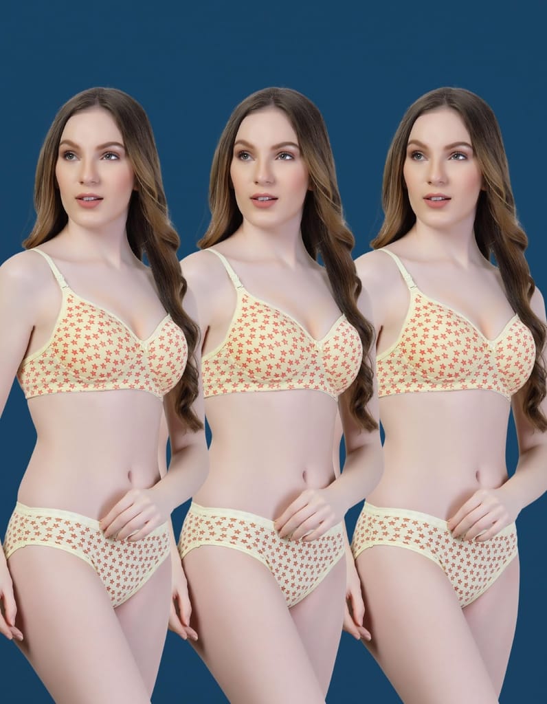 Ladies Bra Panty Set | Pack of 3 Padded Cotton Lingerie with Star Print | Stylish & Comfortable Innerwear for Daily Wear view 2