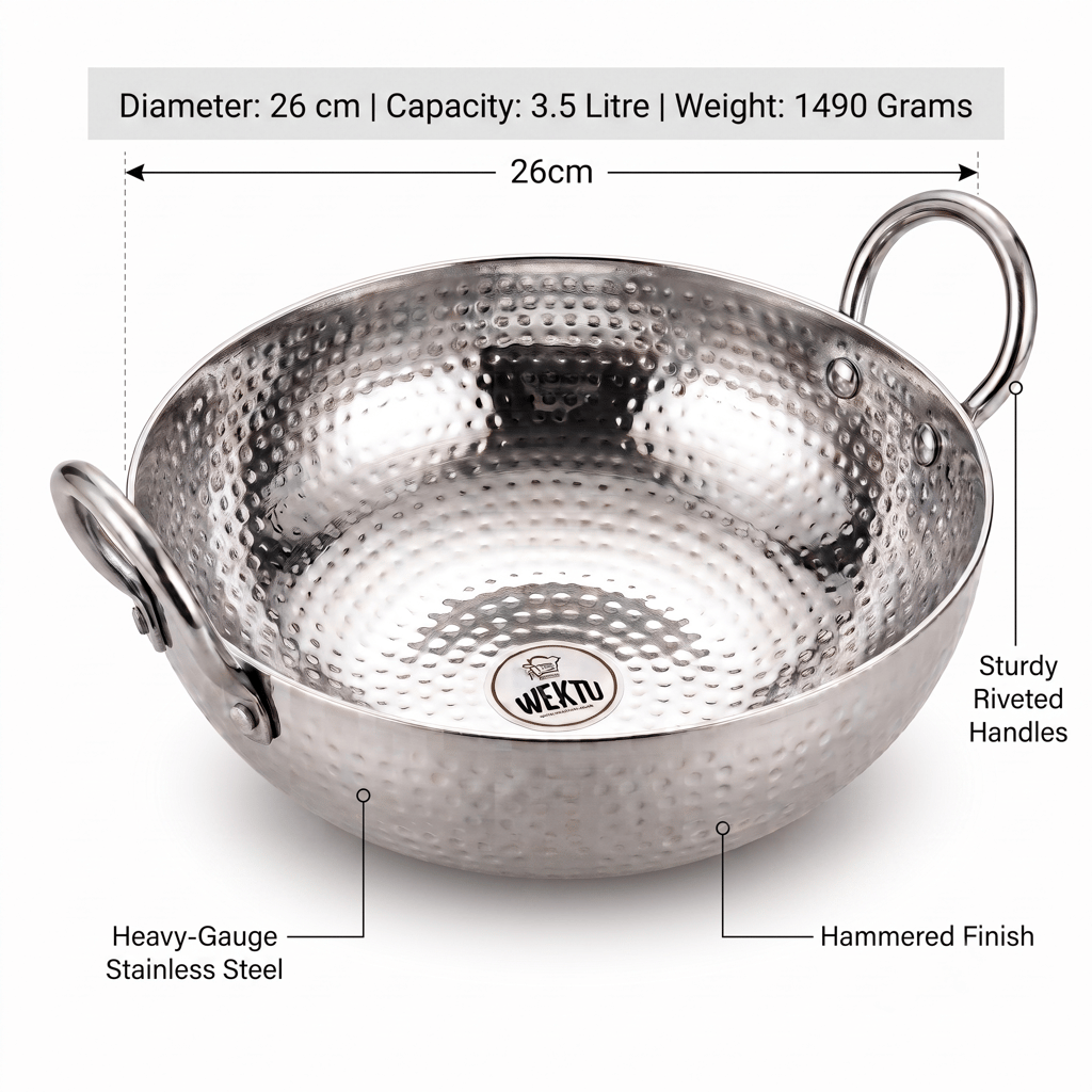 WEKTU Premium Stainless Steel Hammered Kadhai – Heavy Gauge Mathar Kadhai with Sturdy Riveted Stainless Steel Loop Handles | Mirror Finish Cook & Serve Deep Kadhai for Home & Kitchen view 2