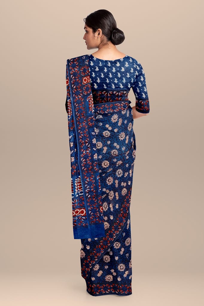 Nandana Indigo Dabu Malmal Cotton Saree With Floral Motifs SKU-BS10170 view 2
