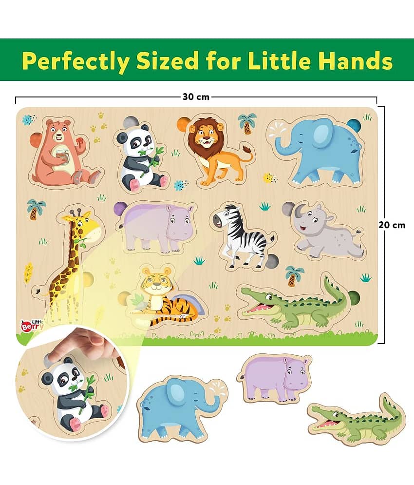 Jungle Animals Wooden Puzzle Board with Pictures for Kids - Knob & Peg Puzzles Games for Boys, Girls, Preschool Children - Learning & Education Wooden Toy Jigsaw Puzzle Set - Fun & Learn Puzzle Tray With Knob For Kids view 2