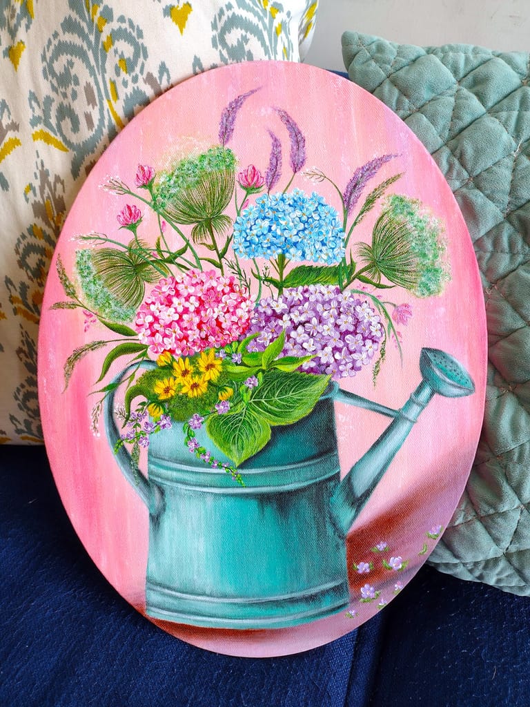 Handmade Acrylic Canvas Painting with in-built frame - "Flowers in an Old Watering Can"
