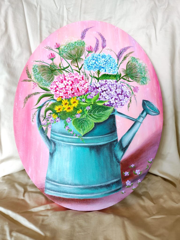 Handmade Acrylic Canvas Painting with in-built frame - "Flowers in an Old Watering Can" view 2