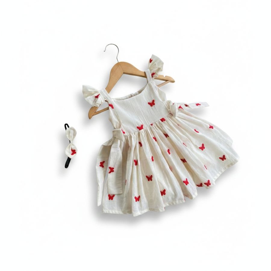 Girls Butterfly Print Cotton Dress with Headband view 2