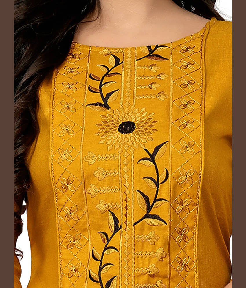 RIAANA Pack of 1 Cotton Blend Embroidered Straight Women's Kurti - ( Mustard ) view 2