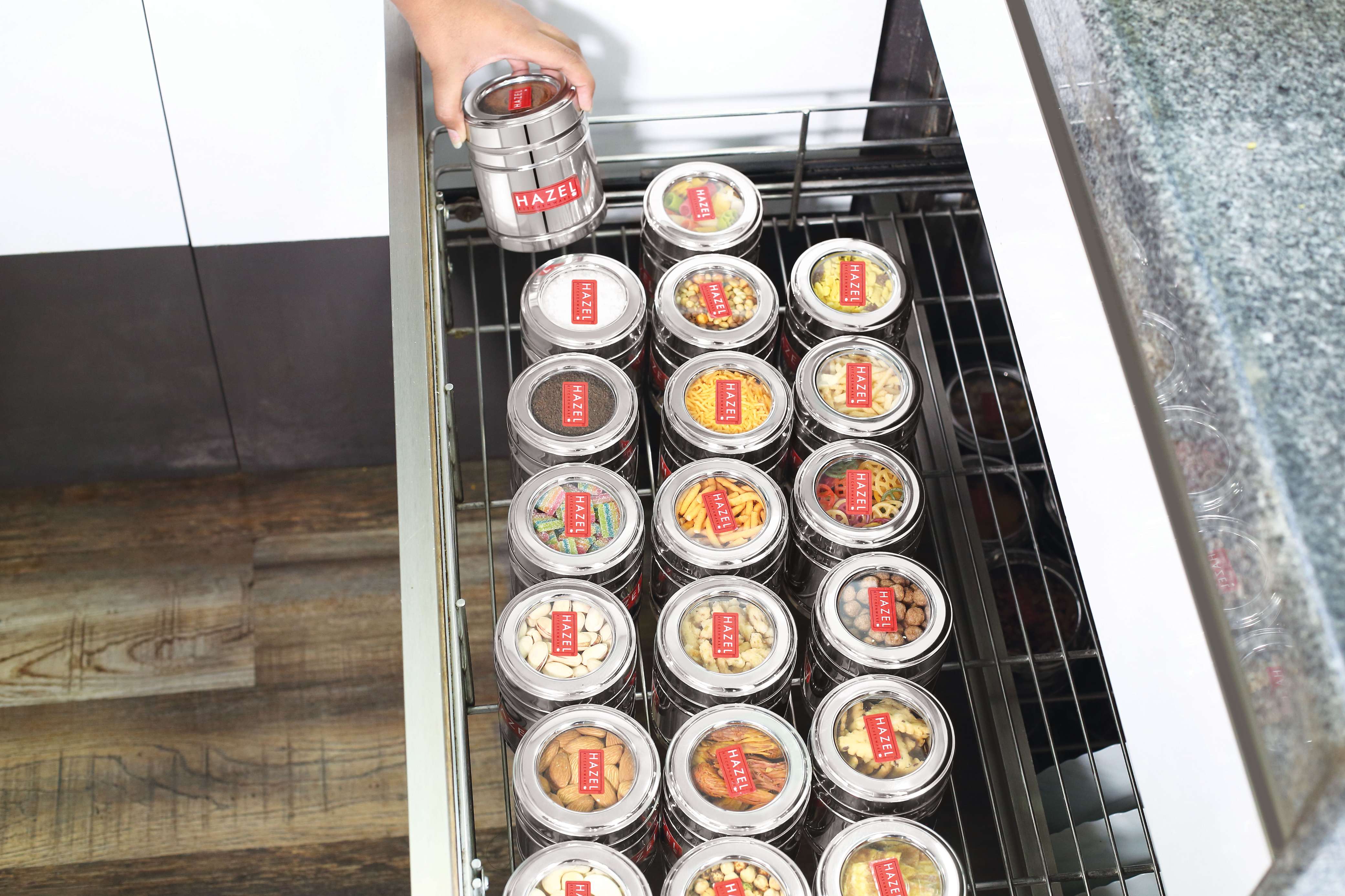 HAZEL Stainless Steel Coffee Container with Transparent Lid , 500 ml Each Transparent Lid Coffee Powder Storage Box for Kitchen , Food Grade Steel Kitchen Container, Set of 6 view 2