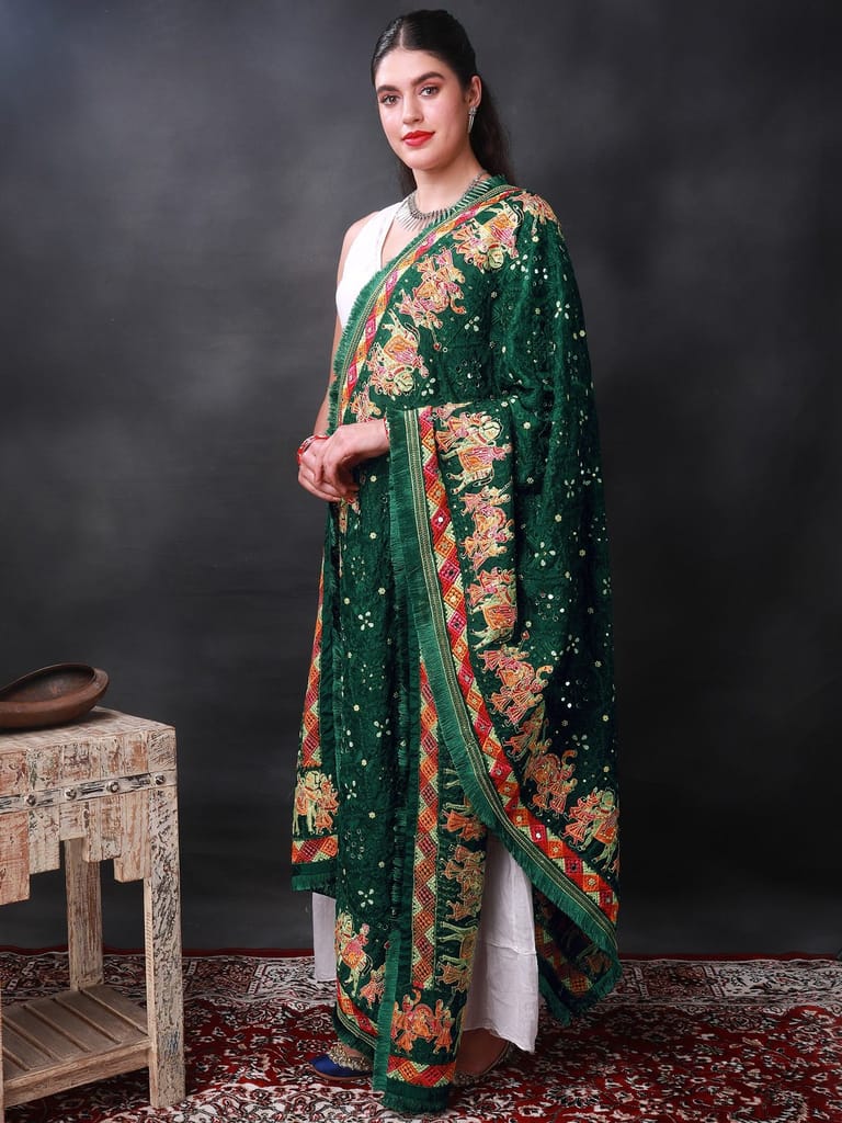 Bottle-Green Phulkari Dupatta from Punjab with Multicolor Wedding Procession Embroidered Motif and Bead-Mirror Work view 2