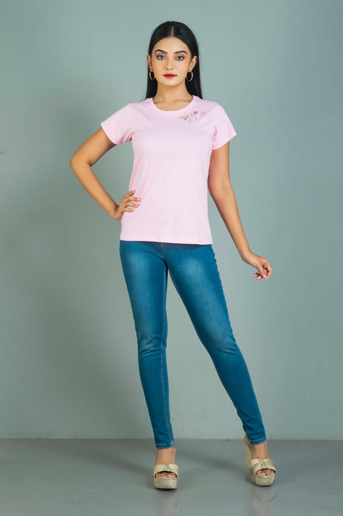 Pink coloured Hand embroidered women cotton T shirt with floral neck design. view 2