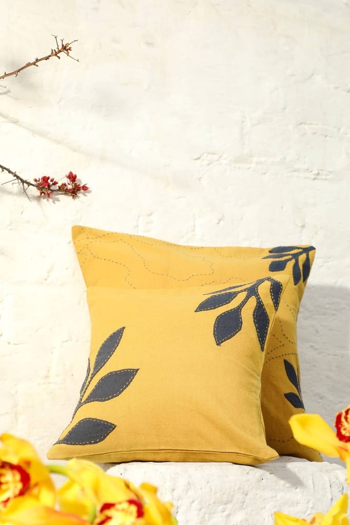 Aranya Mustard Small Cushion Cover With Grey Petals view 2