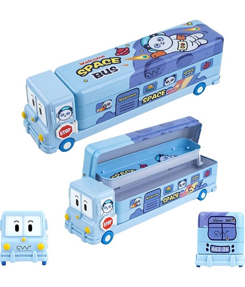 1944 YESKART -BLUE SCHOOL BUS PENCIL BOX WITH SHARPNER Cartoon Printed School Bus Metal Pencil Box With Moving Tyres And Sharpener For Kids view 2