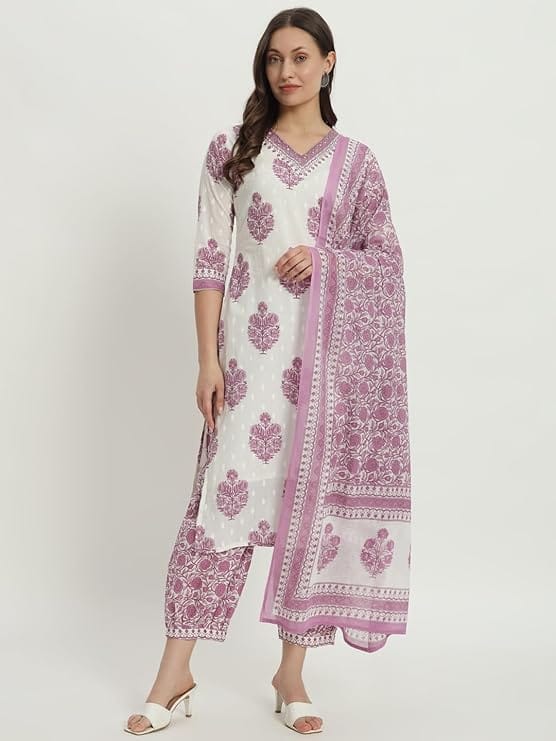 Gulmira White & Purple Floral Yoke Design Empire Mirror Work Pure Cotton Kurta with Patiala & Dupatta view 2