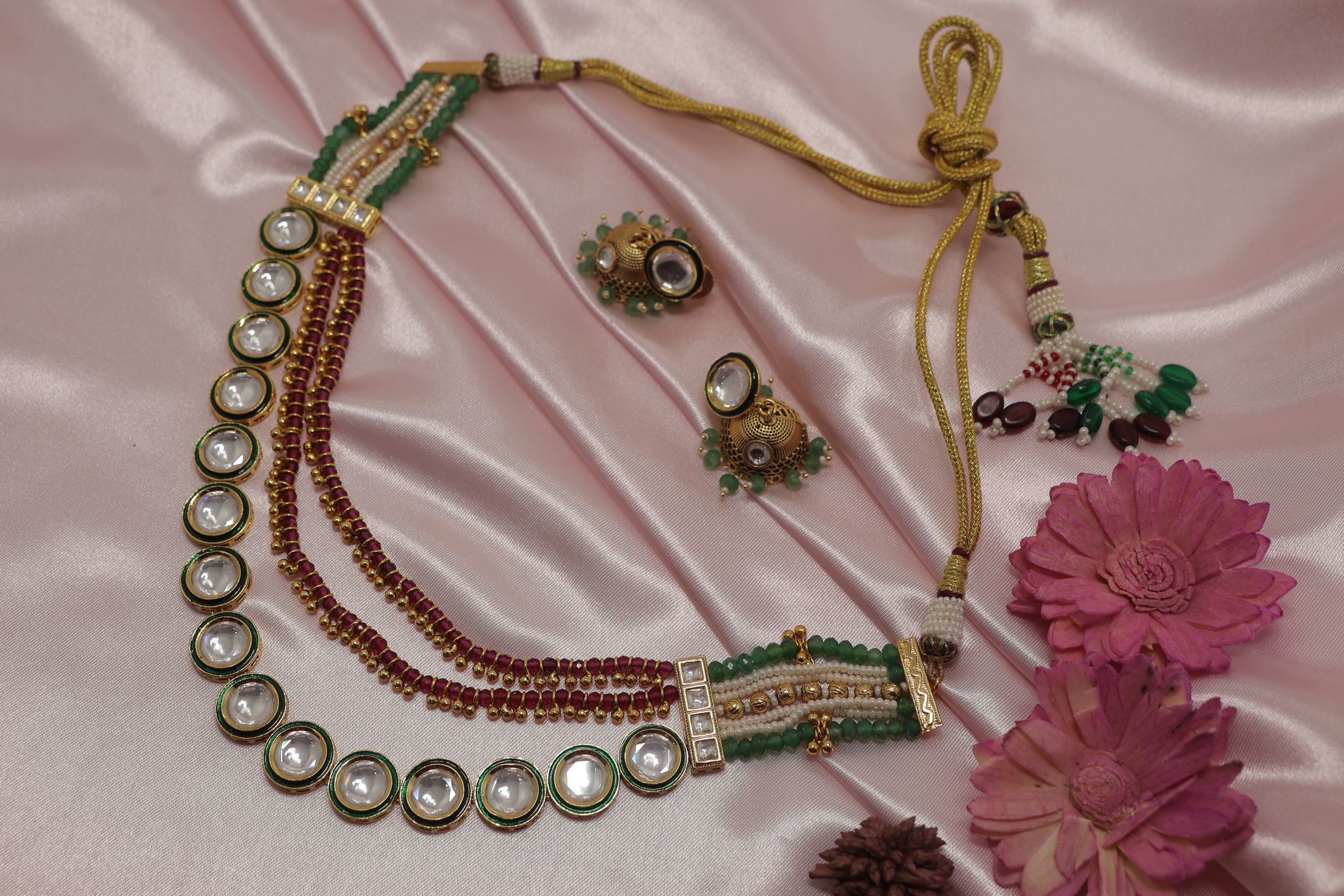 Traditional Gold Plated Kundan Choker Necklace Set with Green & Maroon Beads