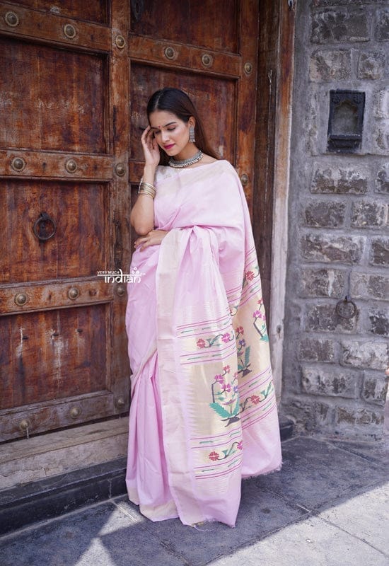 Dhun ~ Authentic Handloom Cotton Paithani in Subtle Light Pink Color With Traditional Asawali Pallu, High Quality Cotton view 2