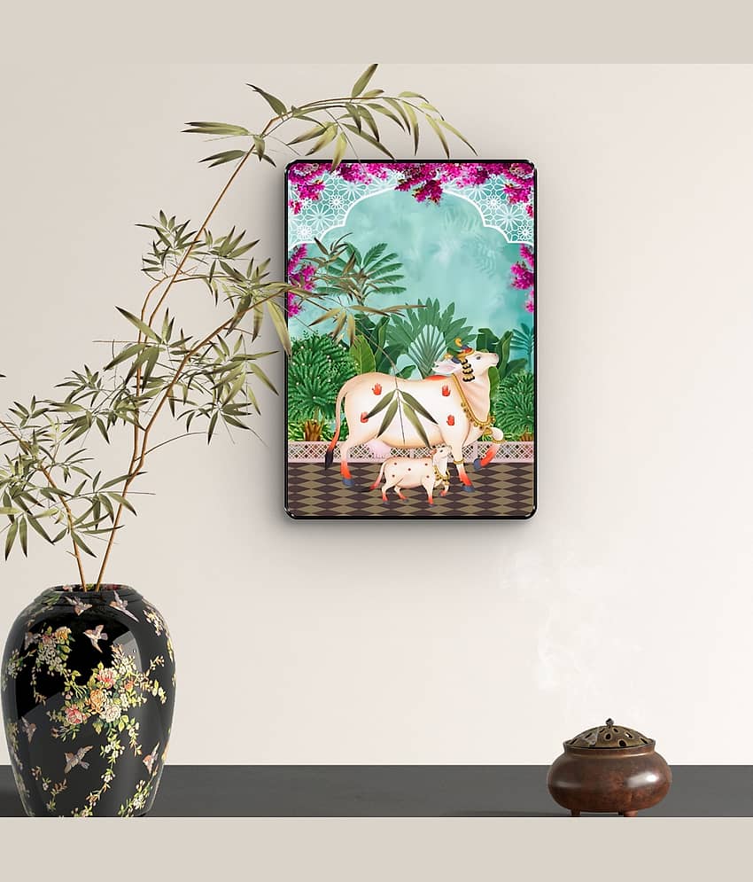 Sacred Cow and Calf Wall Art | Pichwai Floral UV Print view 2
