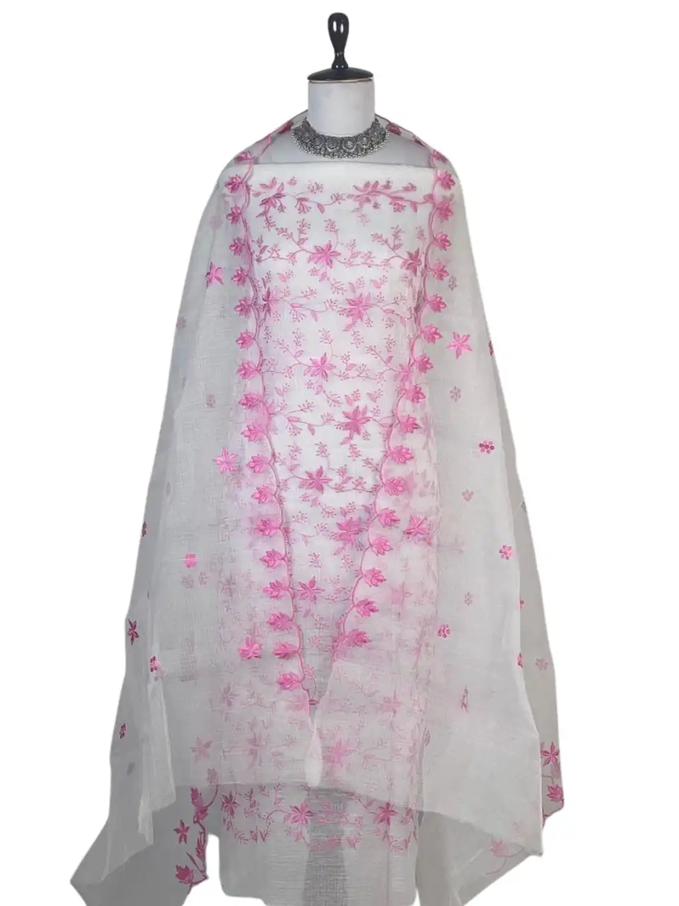 Kota Doria Dress Material White Pink Floral Jaal view 2