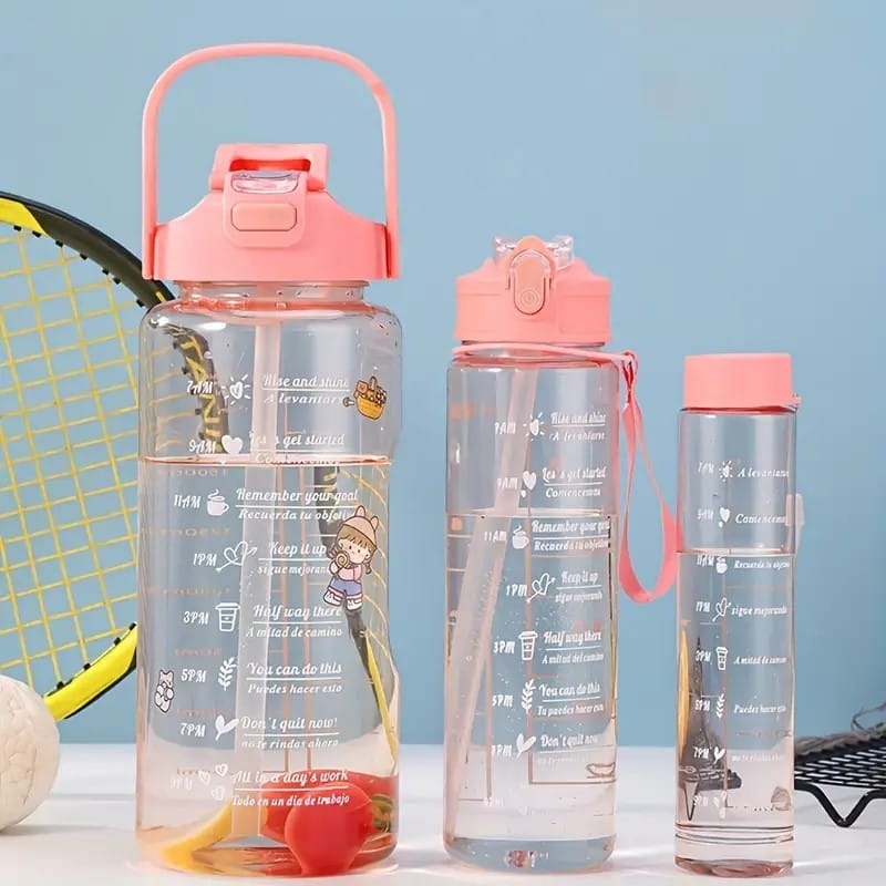 3-in-1 Motivational Water Bottle Combo Set (2000ML, 1000ML, 500ML) | Leakproof BPA-Free Bottles with Time Marker, Straw & Sipper | Gym, Office, Travel, Sports Bottles (Transparent, Durable)