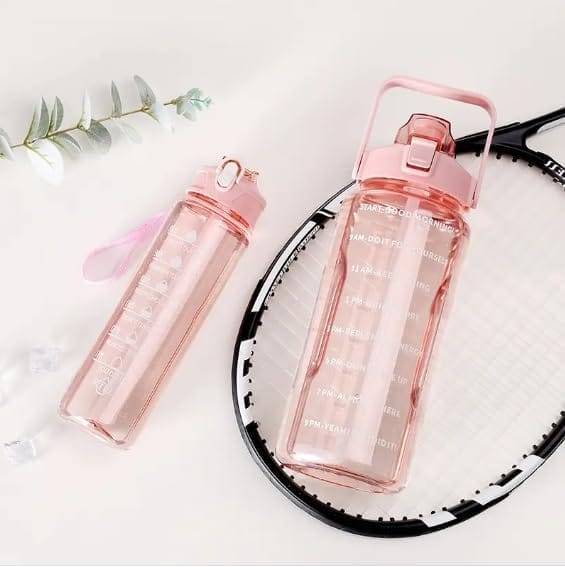3-in-1 Motivational Water Bottle Combo Set (2000ML, 1000ML, 500ML) | Leakproof BPA-Free Bottles with Time Marker, Straw & Sipper | Gym, Office, Travel, Sports Bottles (Transparent, Durable) view 2