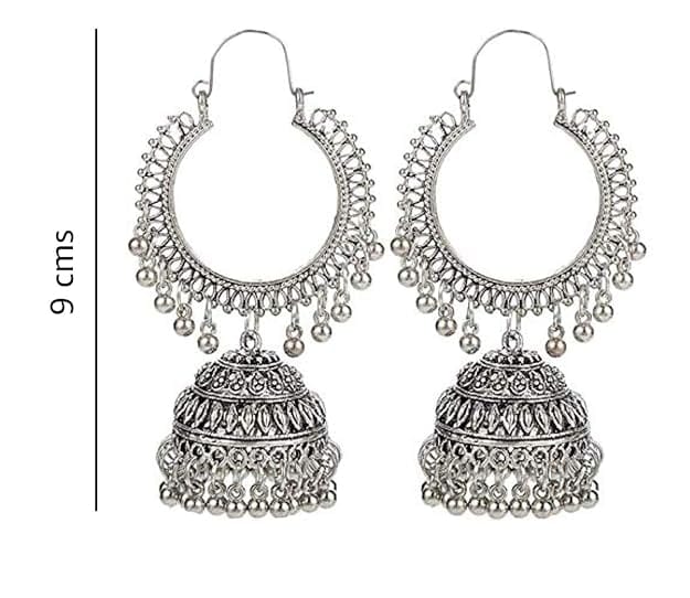 Jewellery Earrings for Women Afghani Oxidised Silver Jhumka earrings for Girls and Women view 2
