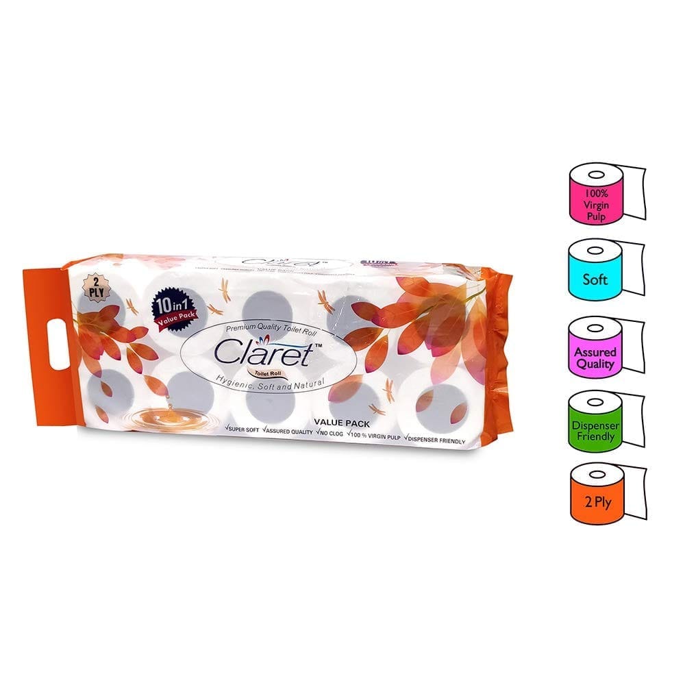 Claret 100% Virgin Pulp 2-Ply Toilet Rolls, Pack of 1 (10 Rolls) - OBA Free, Skin-Friendly, Ultra Comfort Quilted Bathroom Paper for Family Care view 2