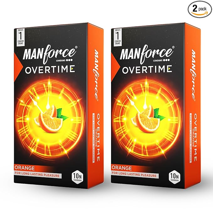 MANFORCE Overtime Orange 3in1 (Ribbed Contour Dotted) Condoms - 10s (Pack of 2) Condom (Set of 2 20 Sheets)