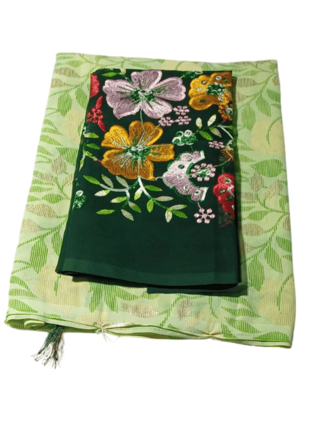 Green and gold zari woven banarasi silk saree with blouse piece view 2
