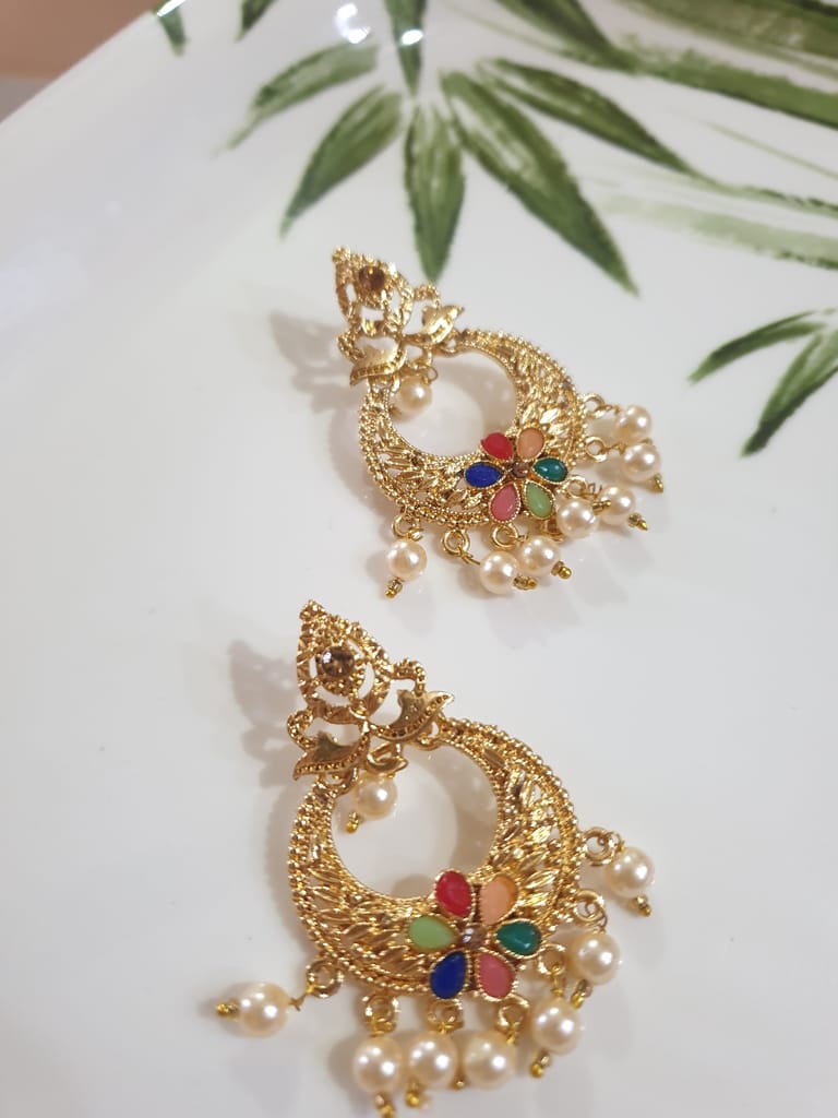 Traditional Gold-Plated Multicolor Earrings with Pearl Drops