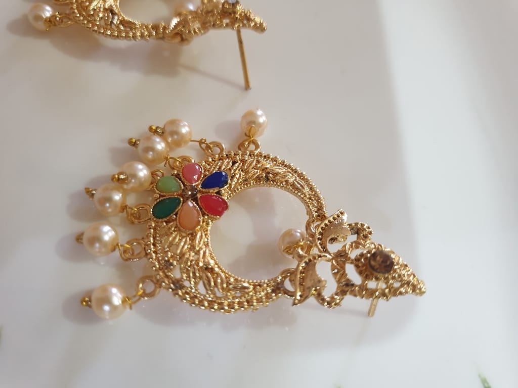 Traditional Gold-Plated Multicolor Earrings with Pearl Drops view 2