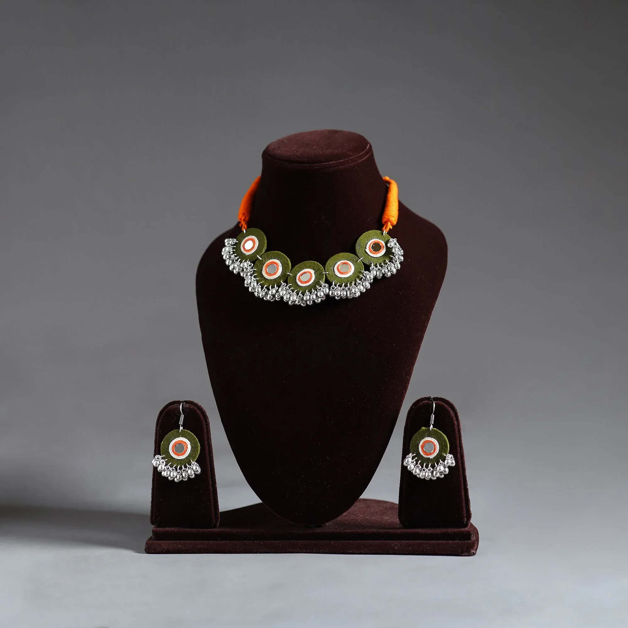 Multicolor Mirror Work German Silver Choker Set