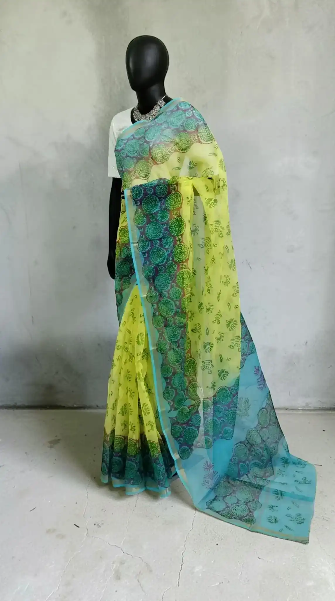 Handwoven Kota Doria Block-Print Saree in Green and Blue view 2